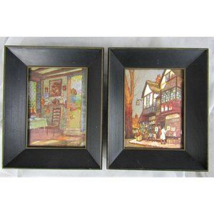 VTG Mid-Century Ernest Uden Foil Lithograph Framed Art Cottage Kitchen Village